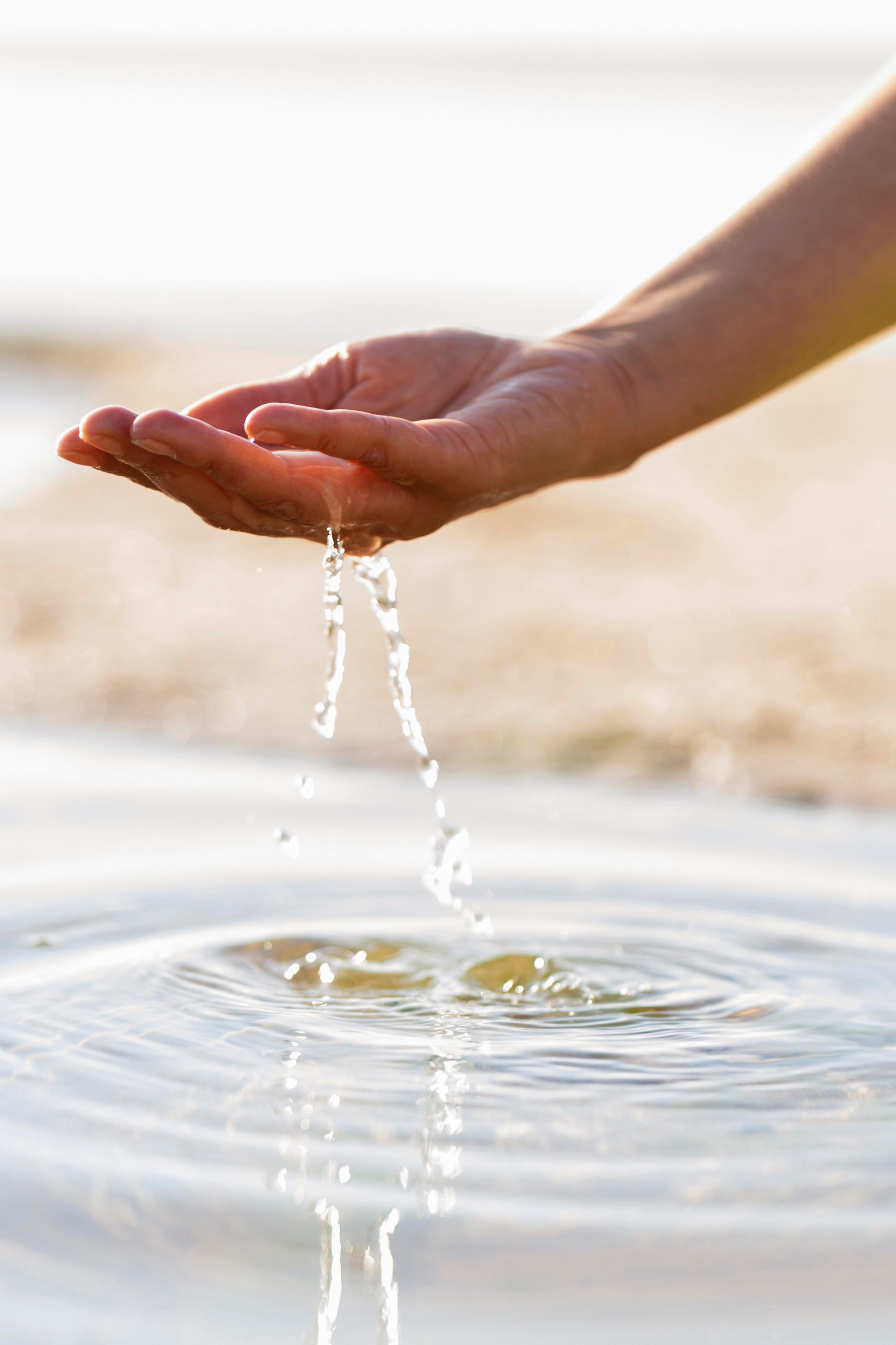 A hand gently releases water, creating ripples in a sunlit pond. The serene scene conveys tranquility and connection with nature.